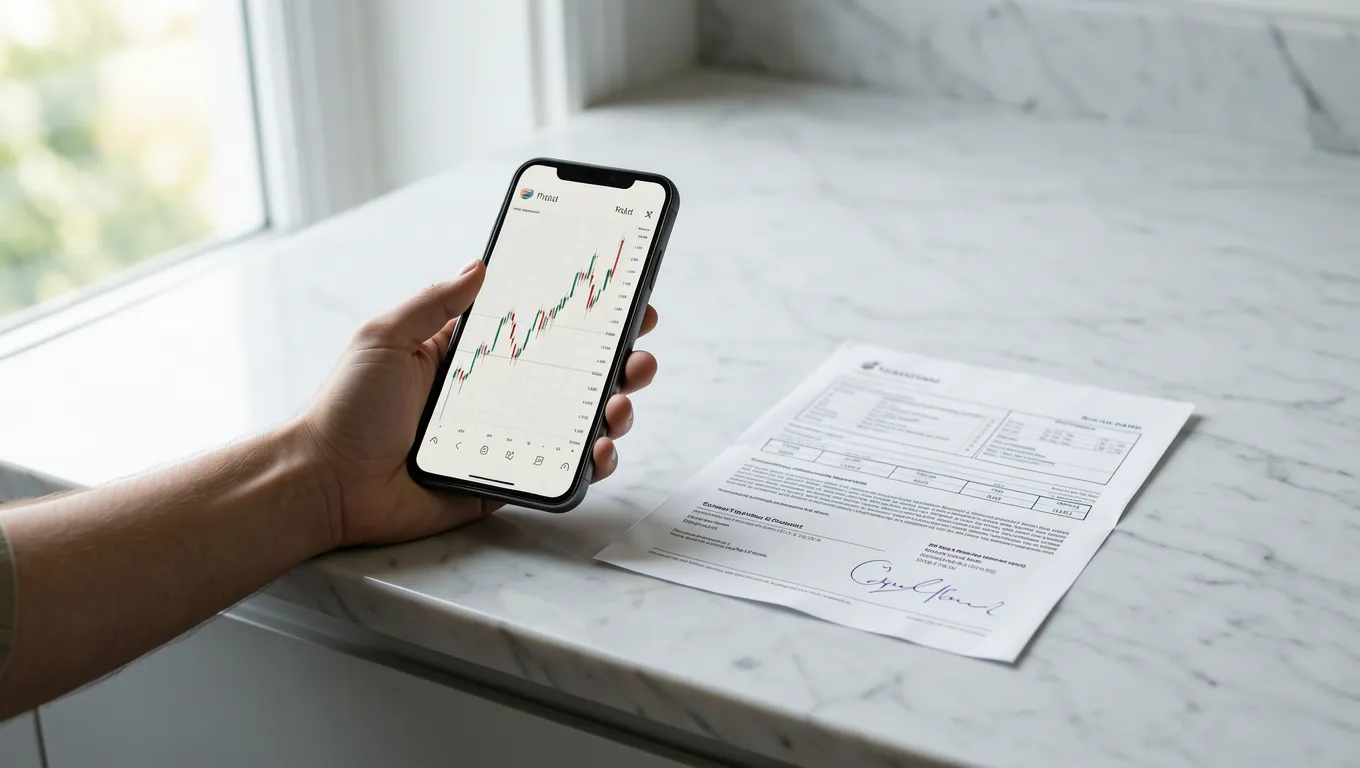 Person using a smartphone for banking near a bank statement